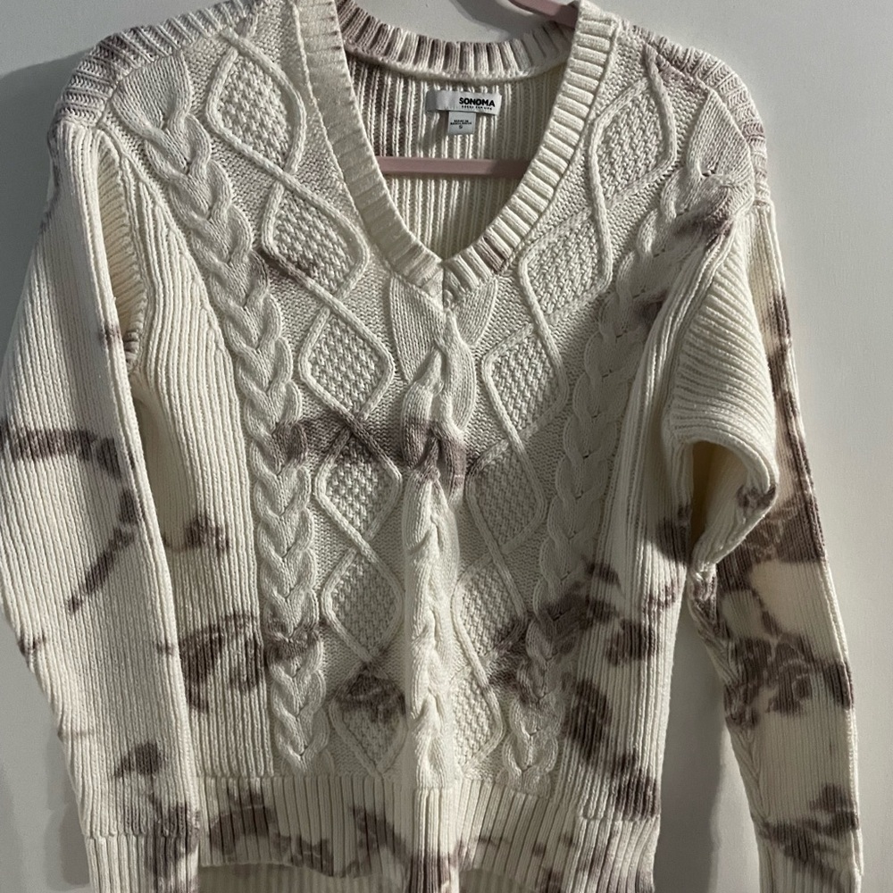 Women's Sonoma Cream and Purple Splotch Cable Knit Sweater in small 18” p2p - Picture 1 of 6